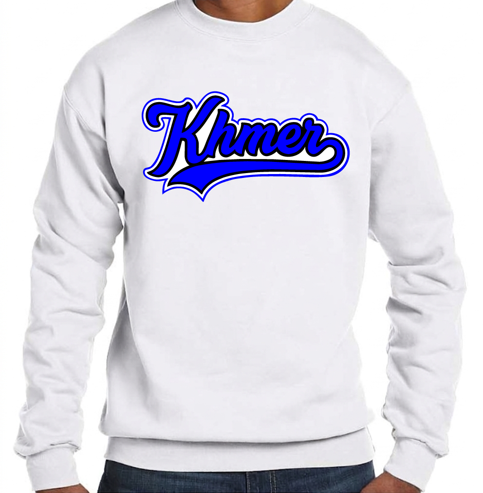 White sweatshirt with blue 'Khmer' text on a white background