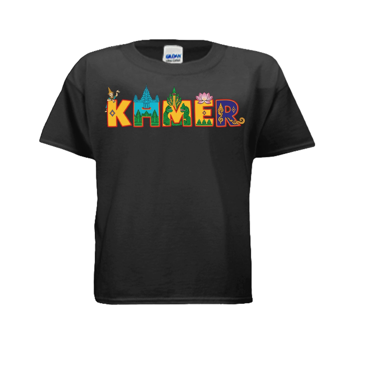Black t-shirt with colorful 'KAMER' text design on a white background