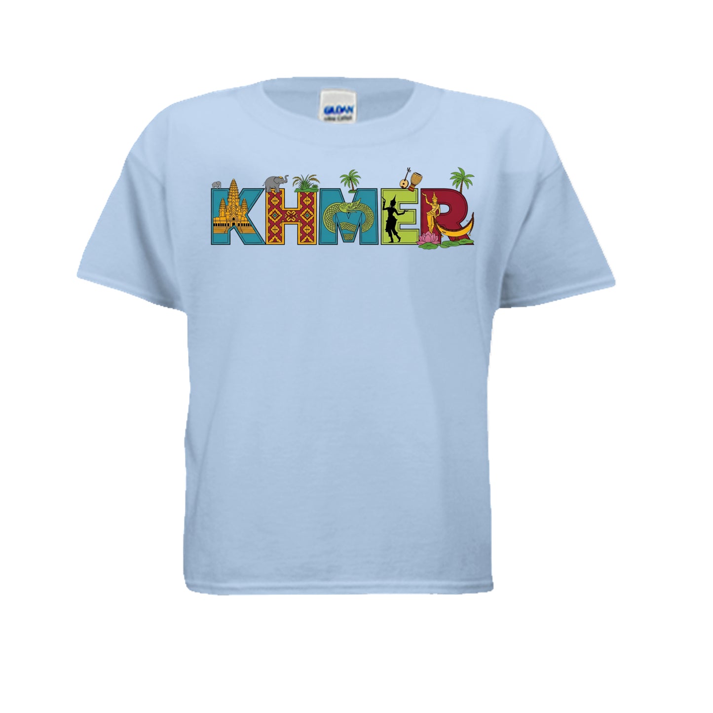 Light blue t-shirt with colorful 'KHMER' text design on a white background