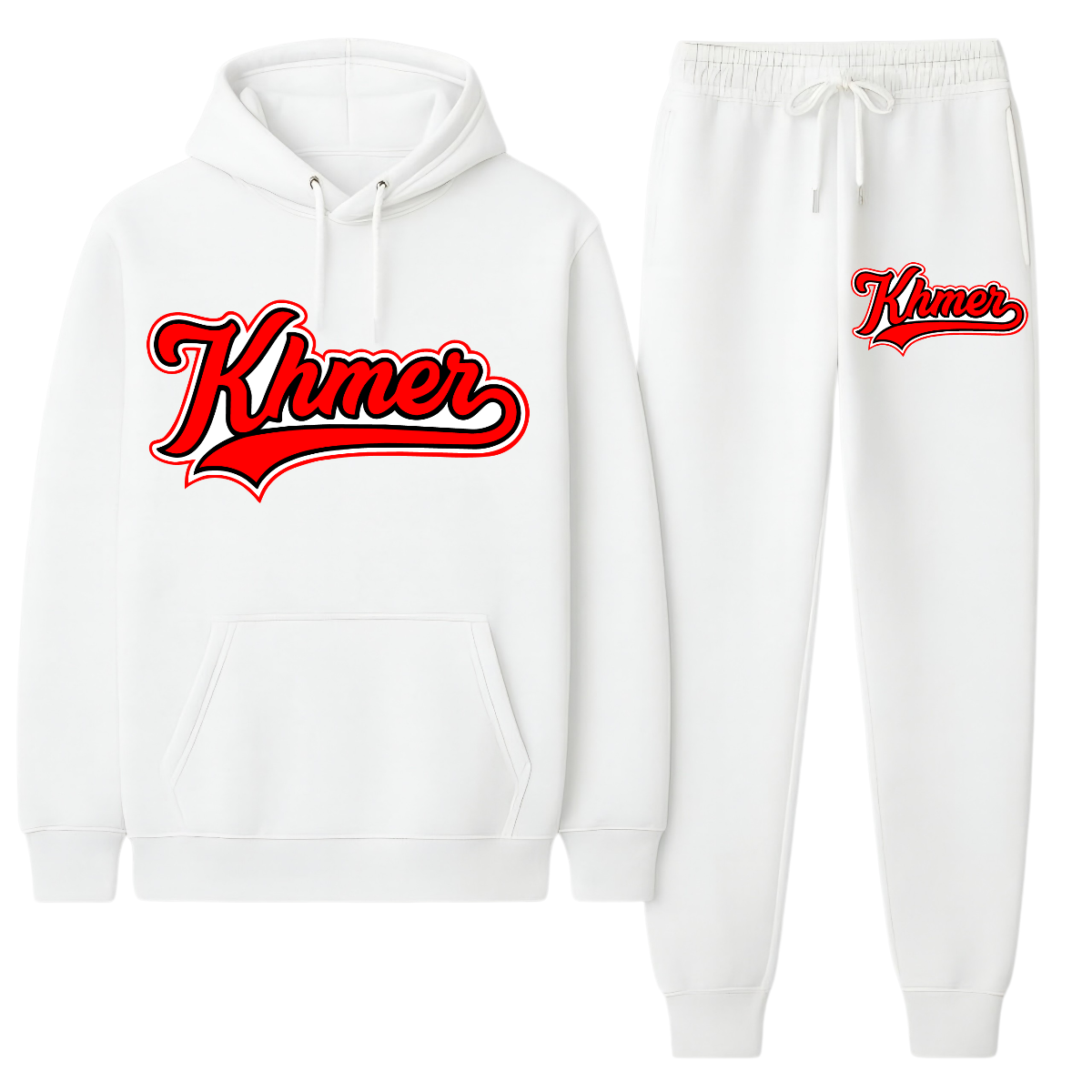 White hoodie and sweatpants set with 'Khmer' text in red on a white background