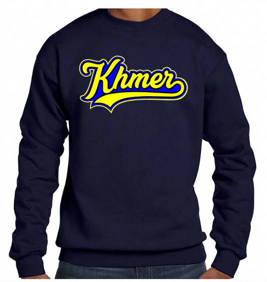 Navy blue sweatshirt with 'Khmer' in yellow and blue text on a white background