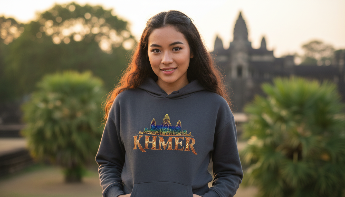 Person wearing a hoodie with 'Khmer' text in an outdoor setting with trees and a building in the background
