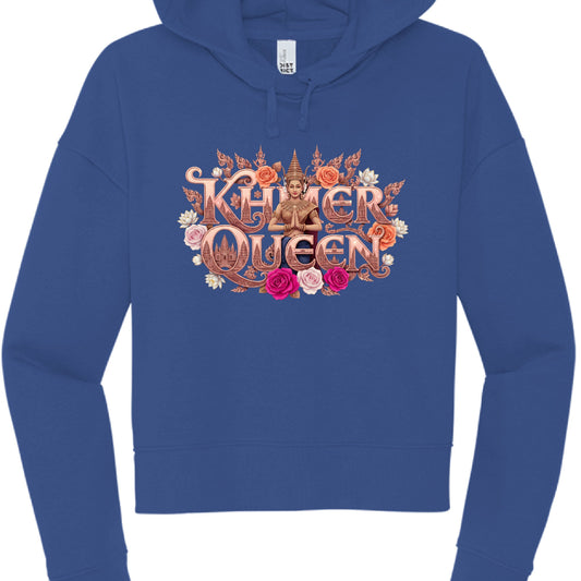 Blue hoodie with 'Khmer Queen' design on a white background