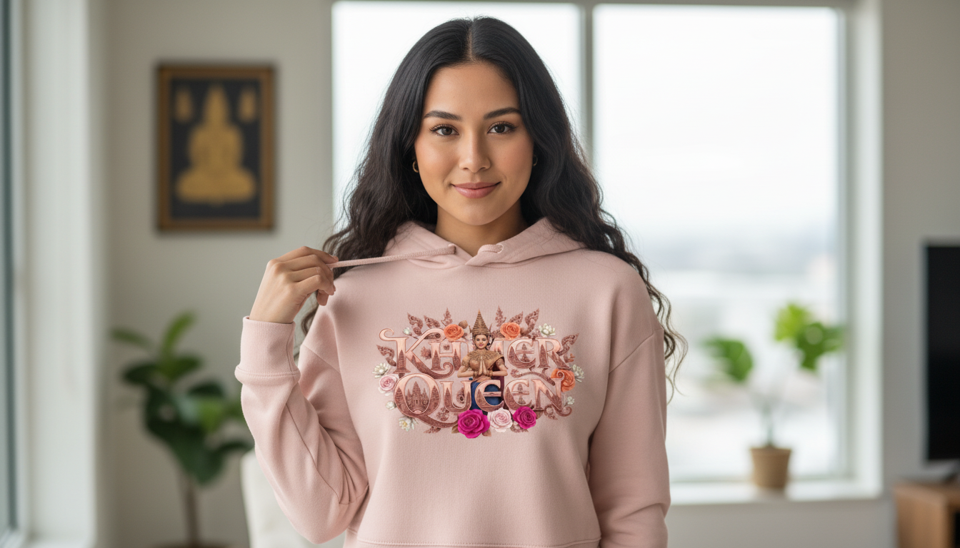 Woman wearing a pink hoodie with a graphic design, standing in a room with plants and a window.