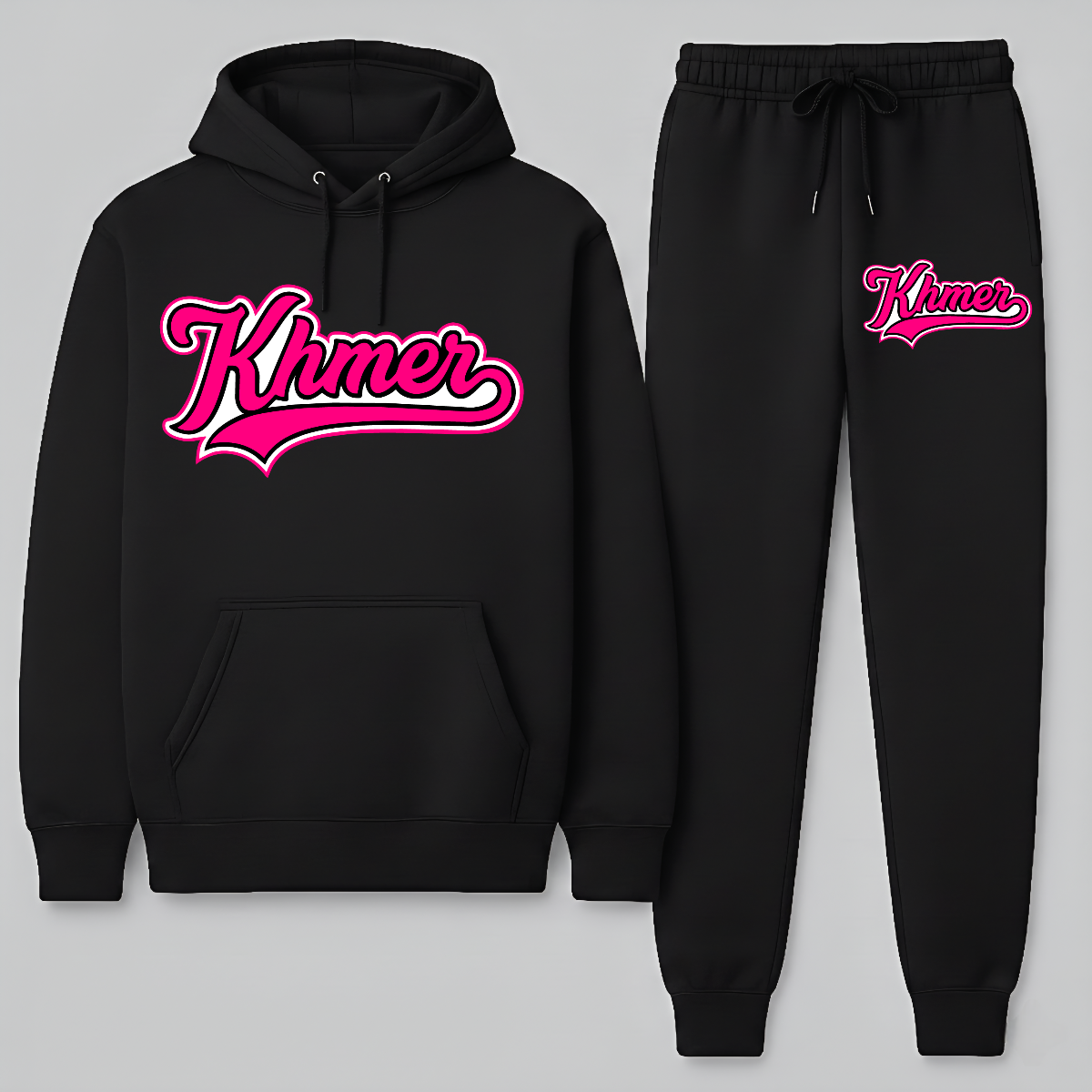Black hoodie and jogger set with pink 'Khmer' text on a light gray background