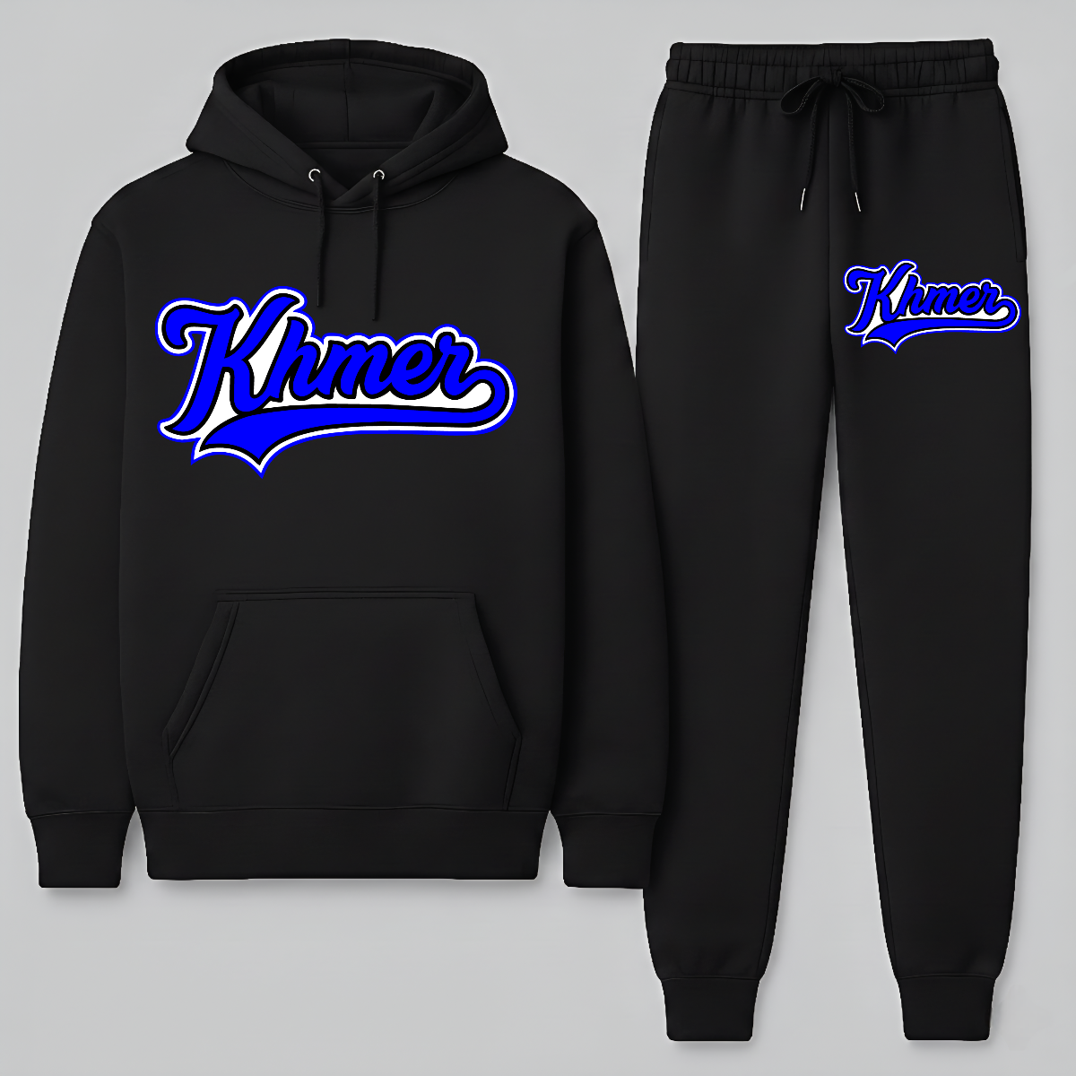 Black hoodie and jogger set with 'Khmer' text in blue on a gray background
