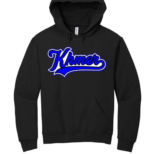 Black hoodie with 'Khmer' text in blue and white on a white background