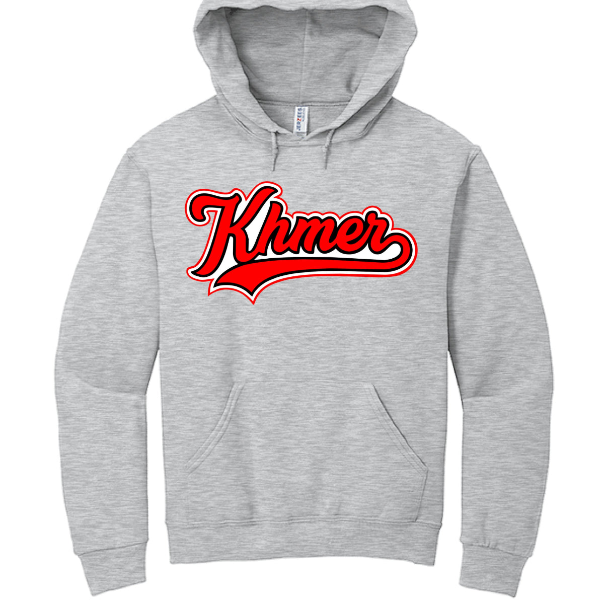 Gray hoodie with 'Khmer' text in red and white on a white background