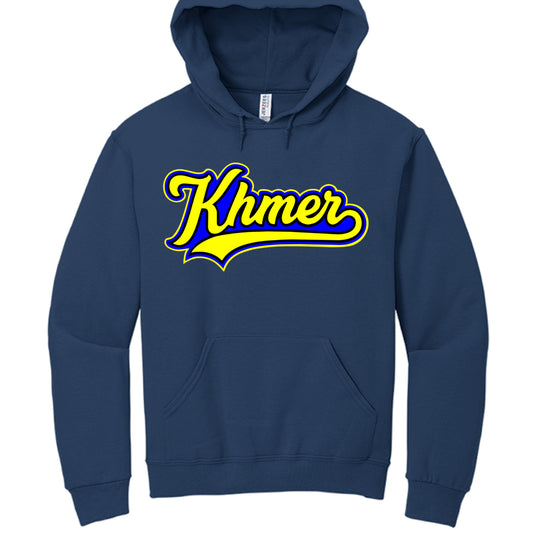 Navy blue hoodie with 'Khmer' text in yellow and blue on a white background