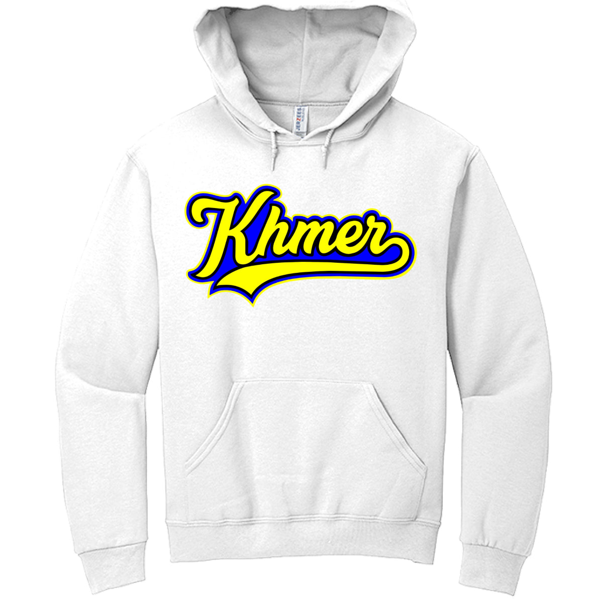 White hoodie with 'Khmer' text in yellow and blue on a white background