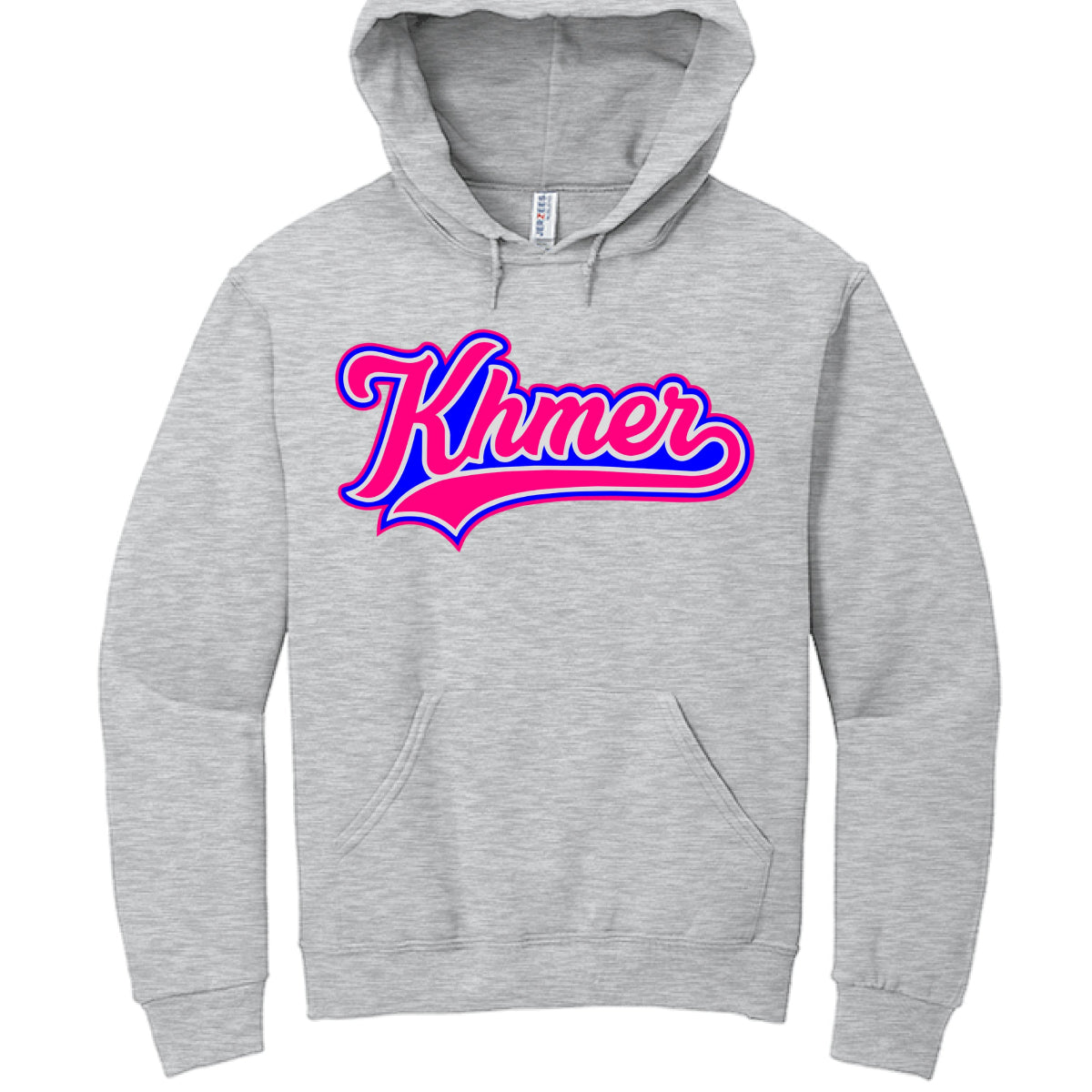 Gray hoodie with 'Khmer' text in colorful design on a white background