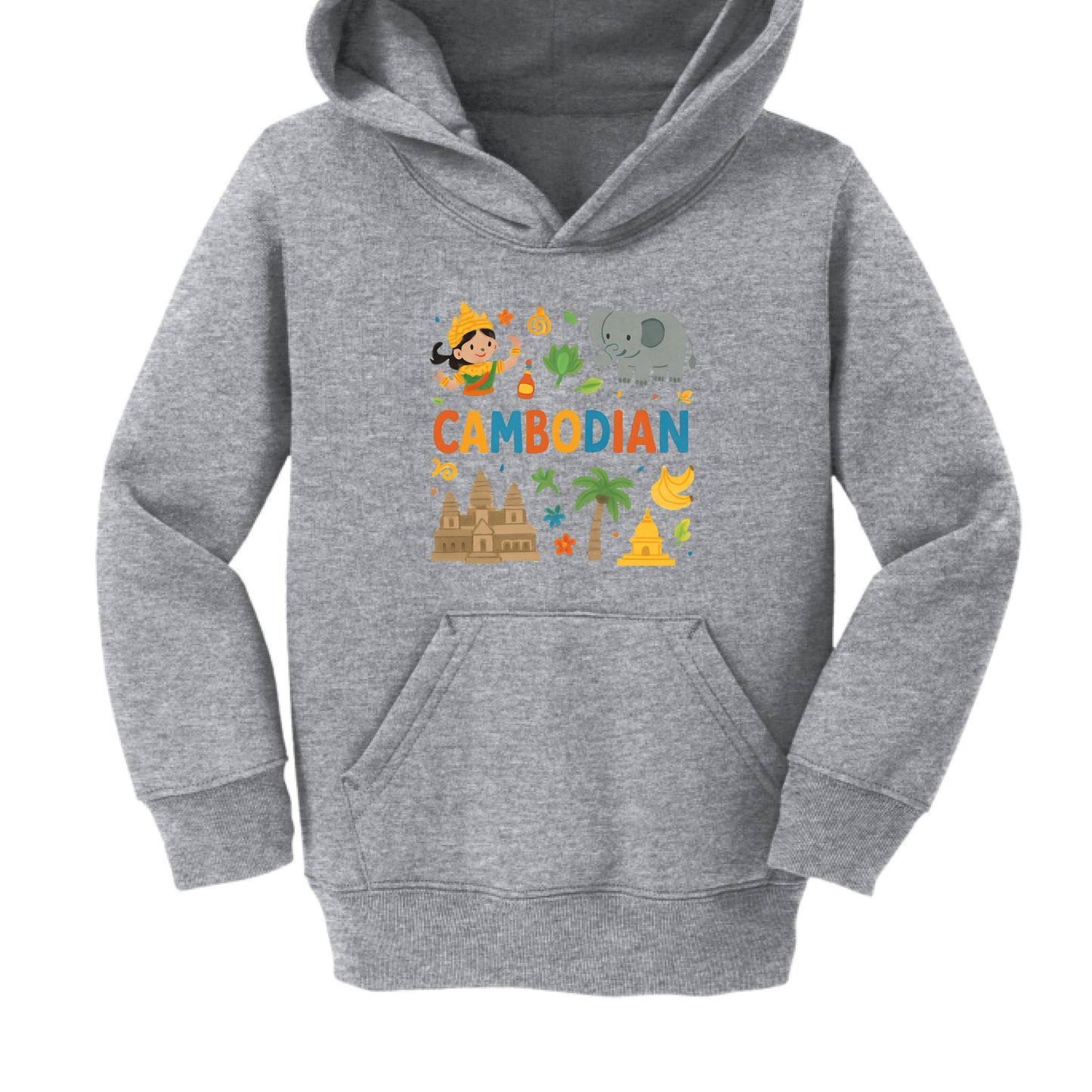 Gray hoodie with colorful 'Cambodian' design on a white background