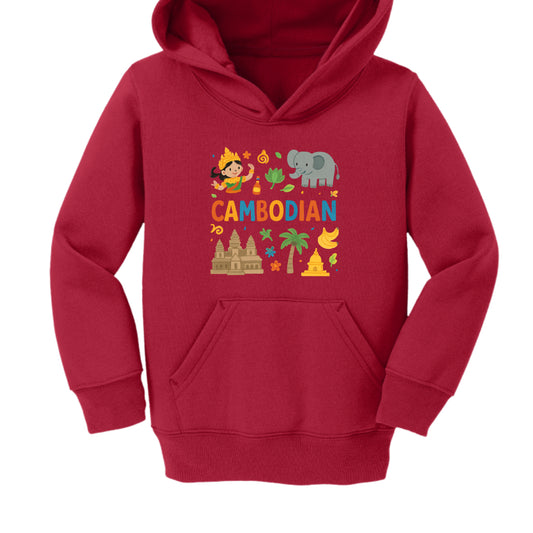 Red hoodie with colorful Cambodian-themed design on a white background