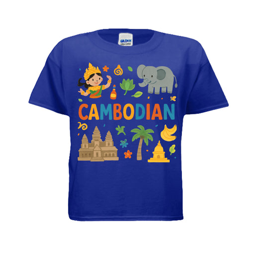 Blue t-shirt with colorful Cambodian-themed graphics on a white background
