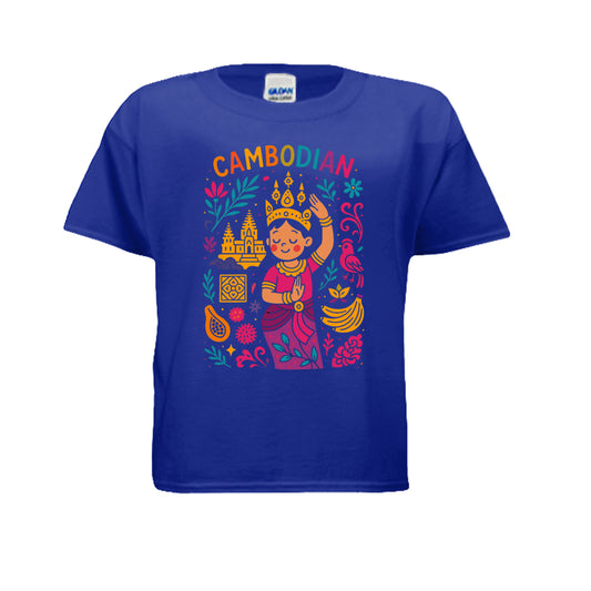Blue t-shirt with colorful Cambodian design on a white background