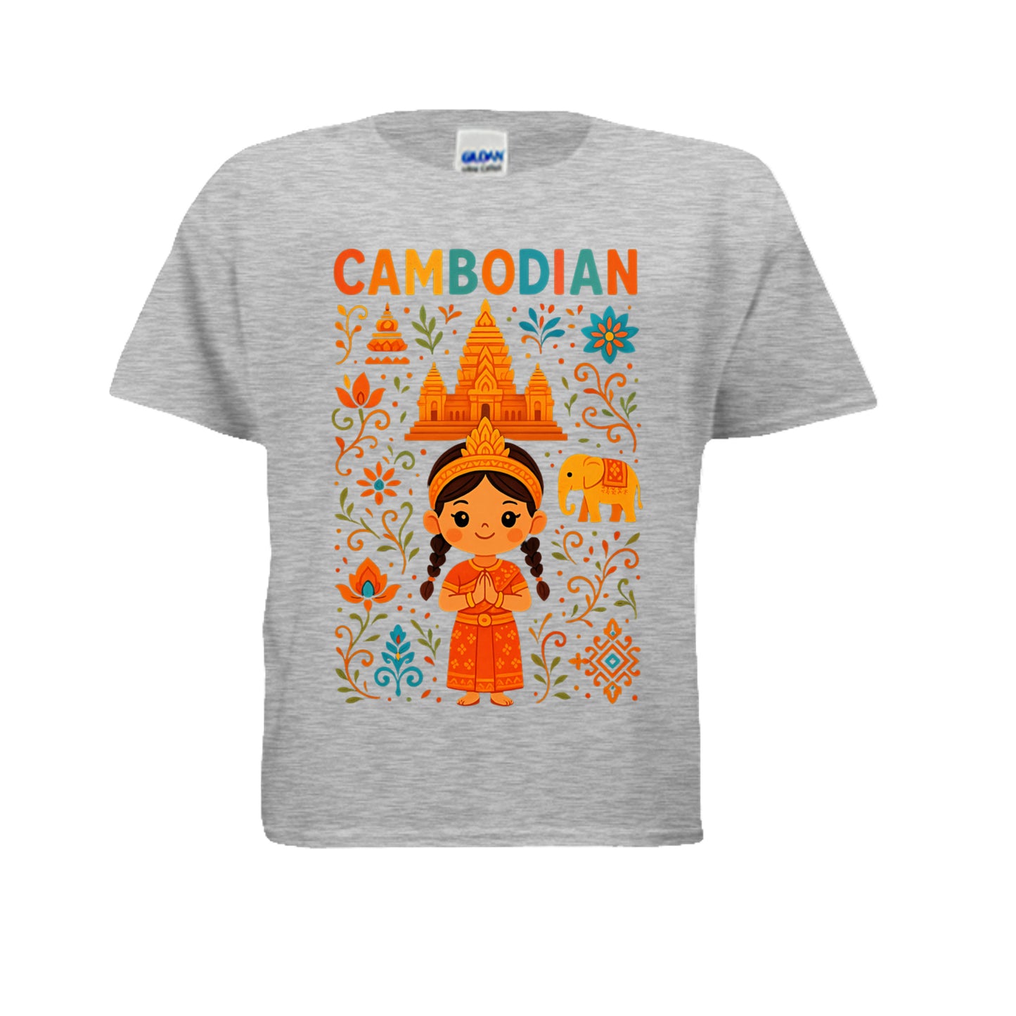 Gray t-shirt with a colorful Cambodian-themed design featuring a girl in traditional dress, temple, and elephant on a white background.