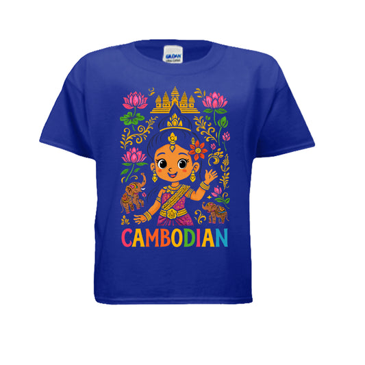 Blue t-shirt with colorful Cambodian-themed design on a white background