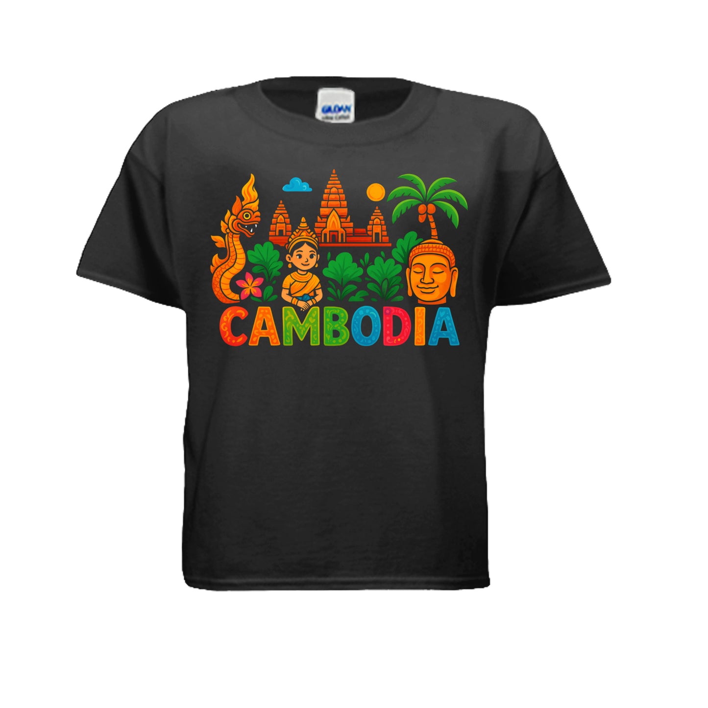 Black t-shirt with colorful Cambodia-themed design on a white background