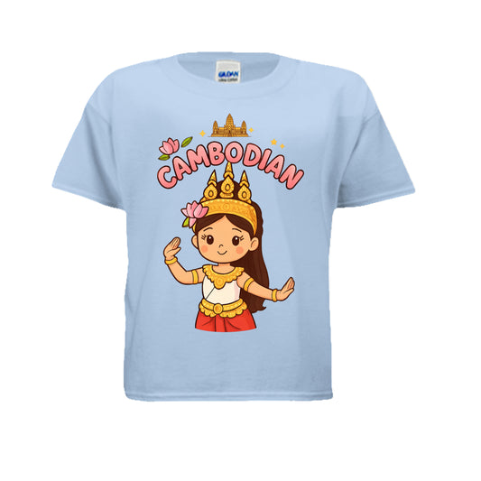Light blue t-shirt with a cartoon character and 'Cambodian' text on a white background