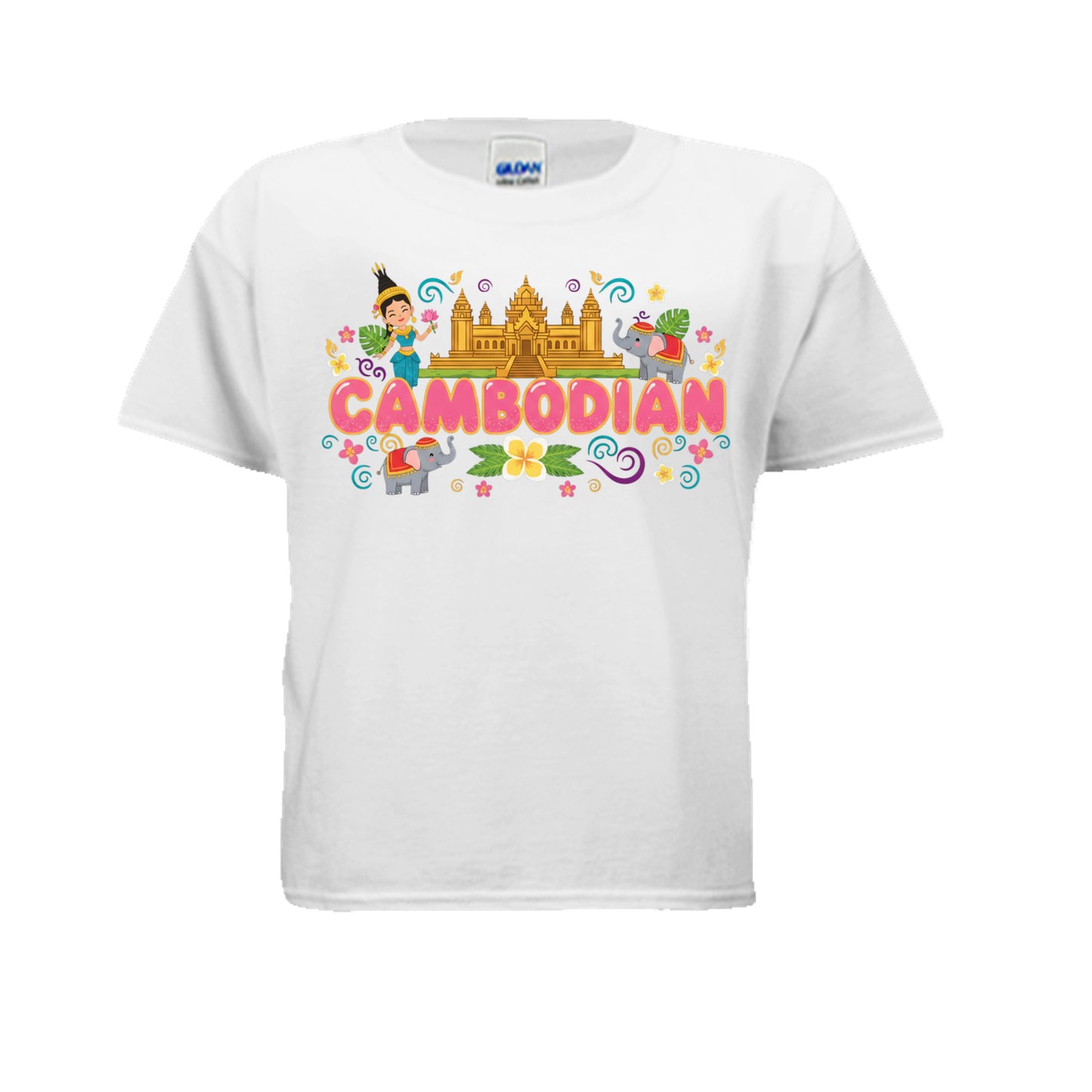 White t-shirt with colorful 'Cambodian' design featuring a temple and traditional elements on a white background.