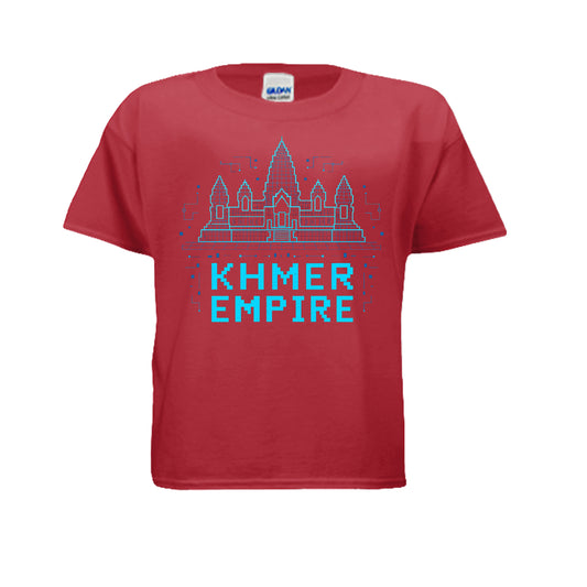 Red t-shirt with 'Khmer Empire' design on a white background