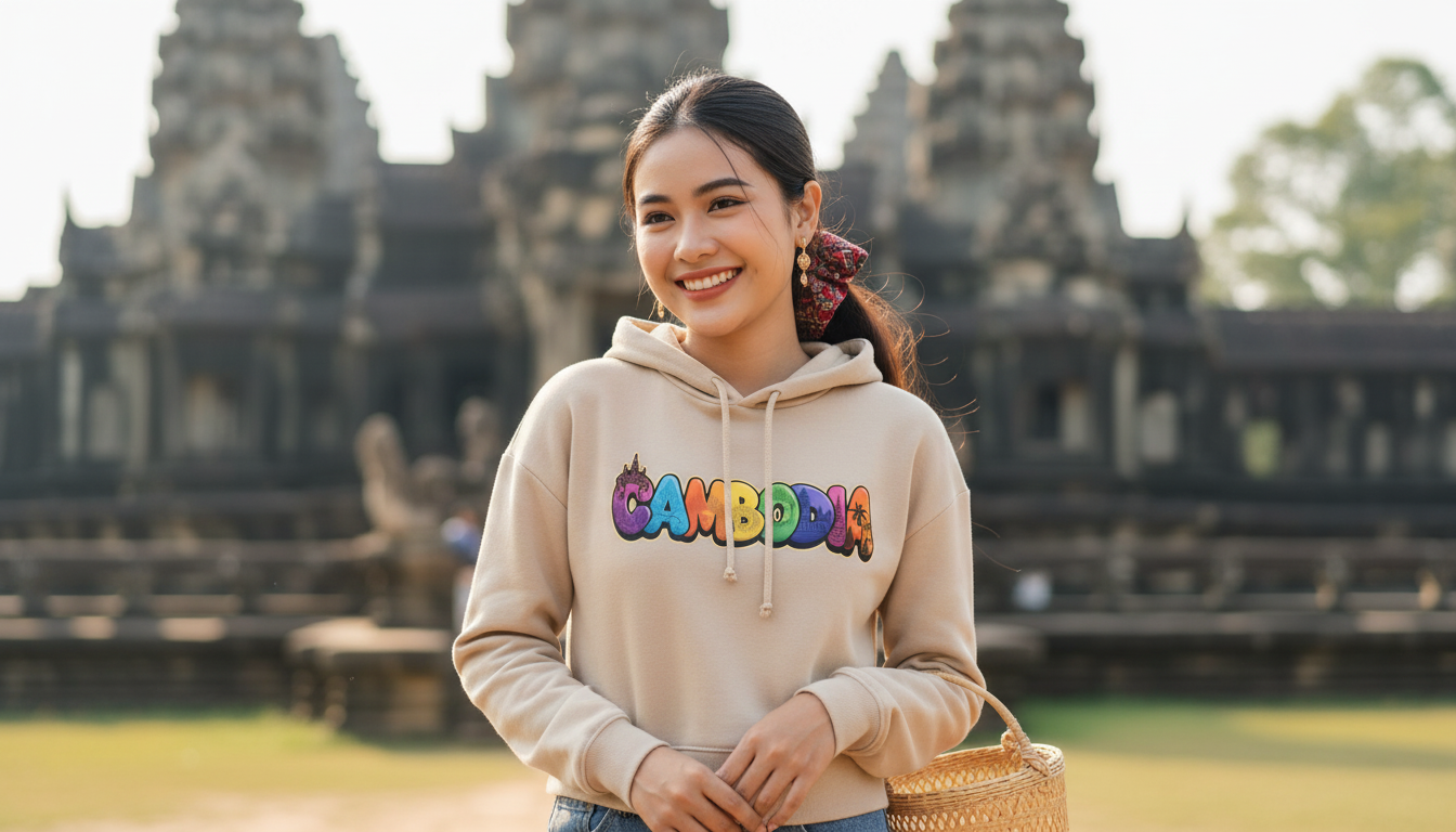 Woman wearing a 'Cambodia' hoodie in front of Angkor Wat.