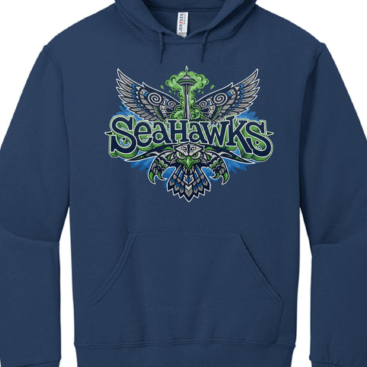 Navy blue hoodie with Seahawks logo on a white background