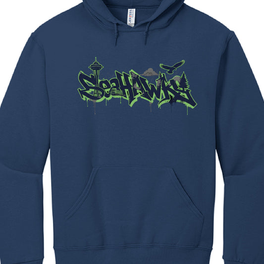 Navy blue hoodie with green and black 'Hawkeye' graphic design on a white background