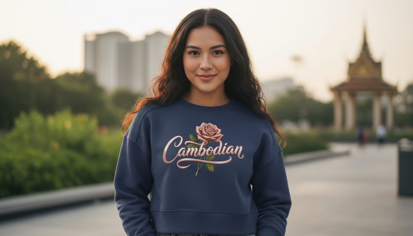 Woman wearing a blue sweatshirt with 'Cambodian' and a rose design, standing outdoors.