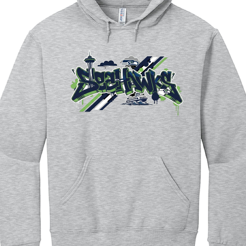 Gray hoodie with 'Seahawks' graphic design on a white background