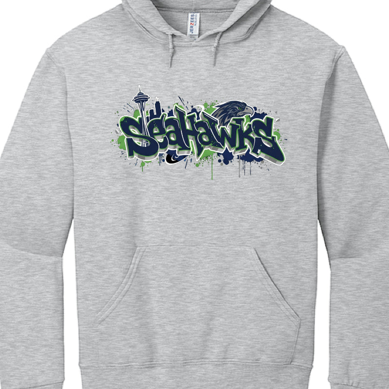 Gray hoodie with 'Seahawks' graphic design on a white background