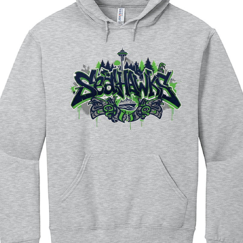 Gray hoodie with 'Seahawks' graphic design on a white background