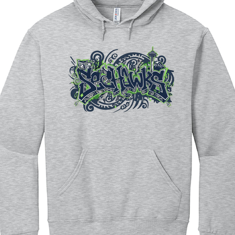 Gray hoodie with 'Seahawks' graphic design on a white background