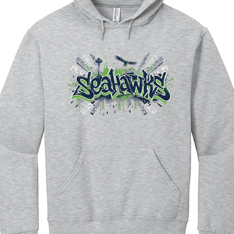 Gray hoodie with 'Seahawks' graphic design on a white background