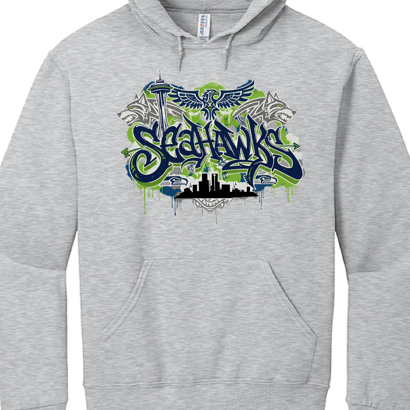 Gray hoodie with Seahawks logo on a white background