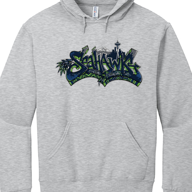 Gray hoodie with Seahawks logo on a white background