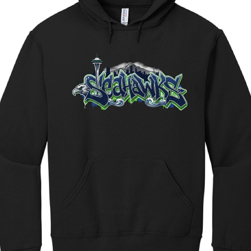 Black hoodie with 'Seahawks' graphic design on a white background