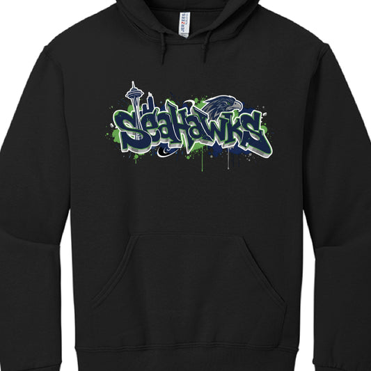 Black hoodie with 'Seahawks' logo featuring the Space Needle on a white background