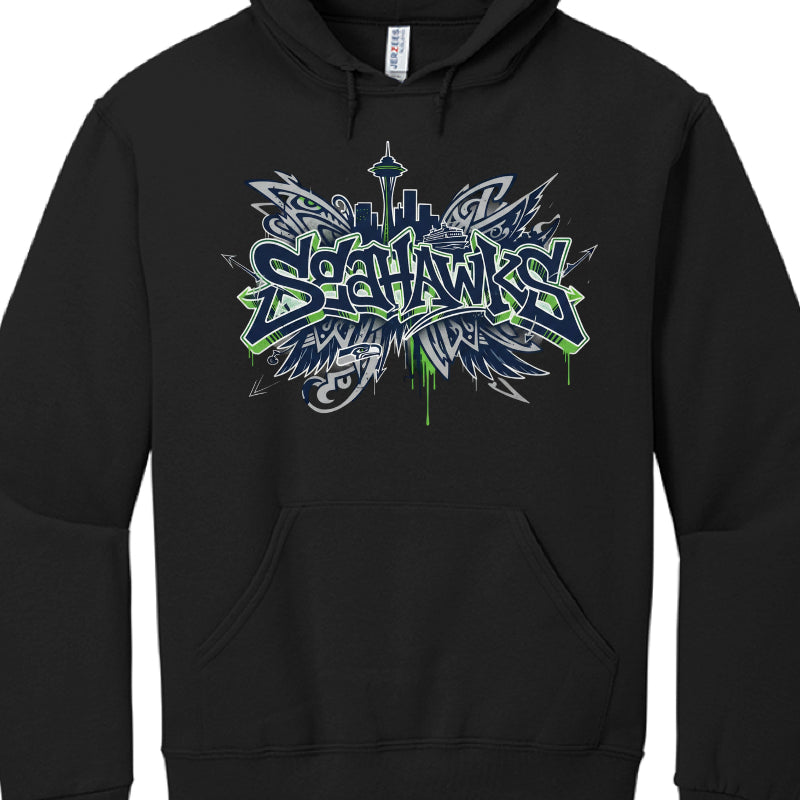 Black hoodie with 'Seahawks' logo featuring blue and green colors on a white background