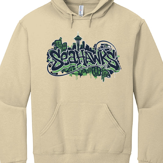 Beige hoodie with 'Seahawks' graphic design on a white background