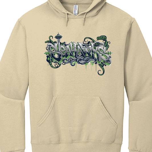 Beige hoodie with 'Superhawks' graphic design on a white background