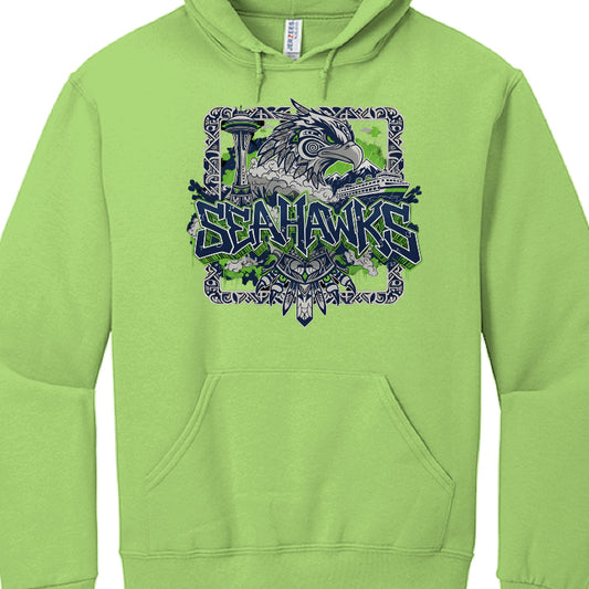 Green hoodie with 'Sea Hawks' logo on a white background