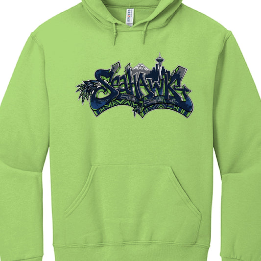 Green hoodie with Seahawks logo on a white background
