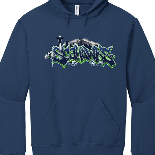 Navy blue hoodie with 'Seahawks' logo featuring an eagle and Space Needle on a white background