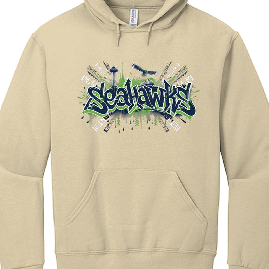 Beige hoodie with 'Seahawks' graphic design on a white background