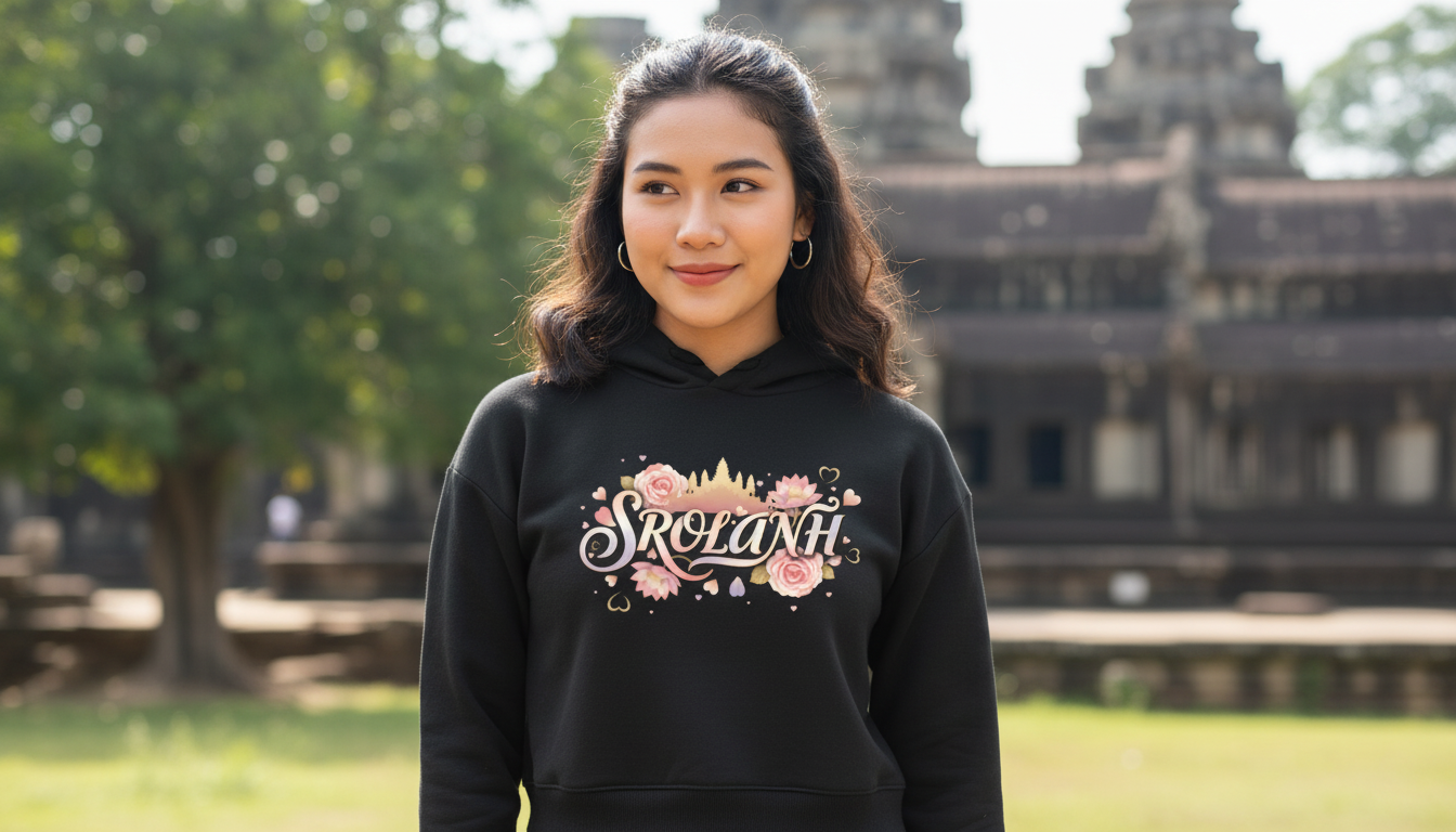 Woman wearing a black hoodie with floral design and text in front of a historical building.