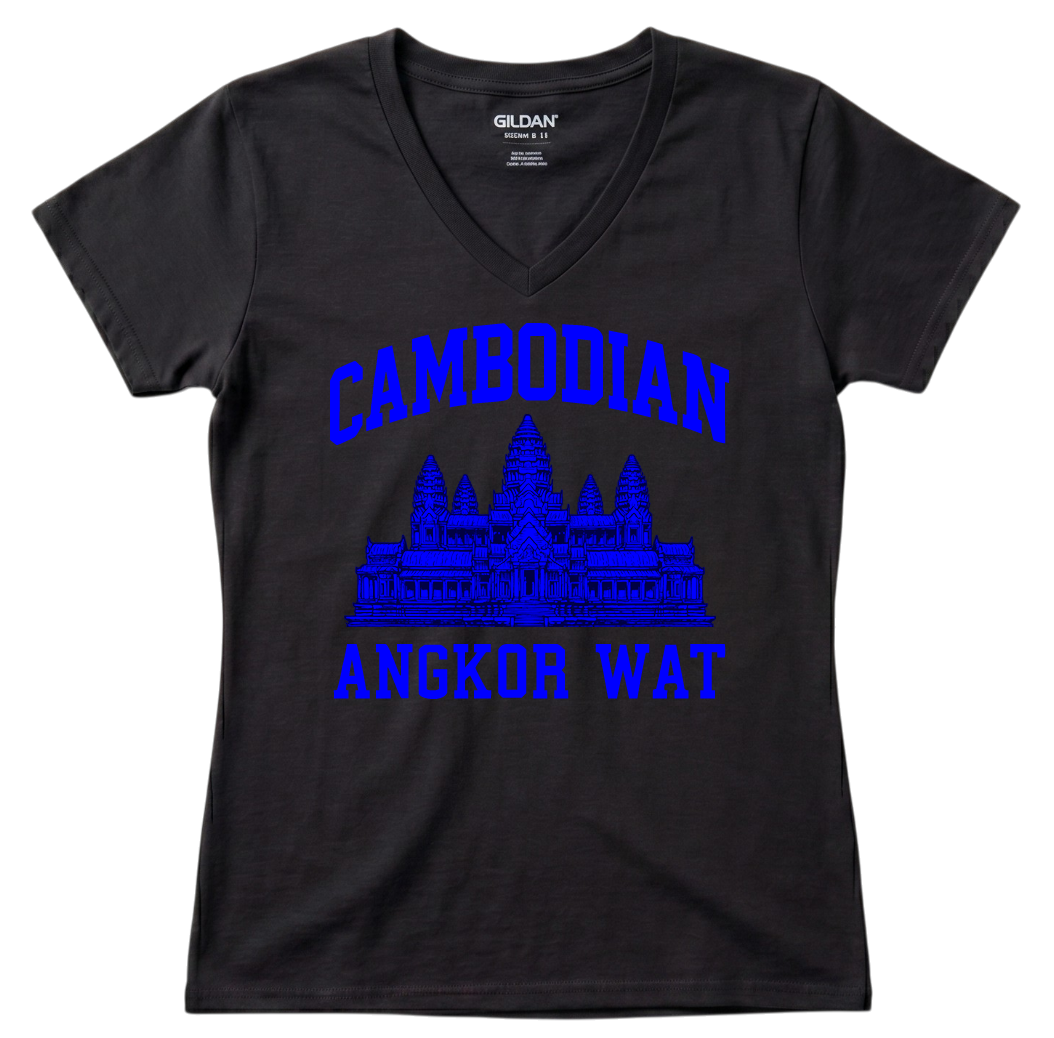 Cambodian Angkor Wat Women's V-Neck - Royal Blue Print V2