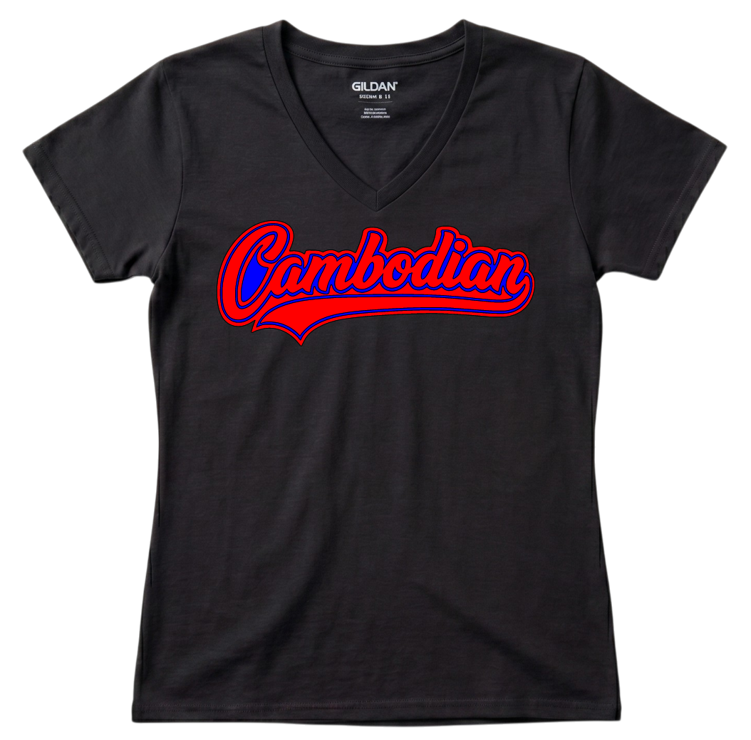 Cambodian Heritage Script Women's V-Neck T-Shirt – Red & Blue Script V18