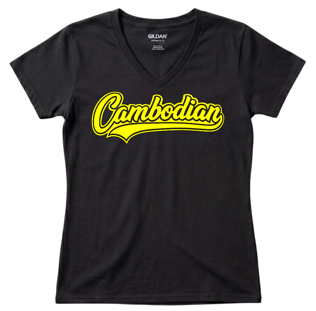 Cambodian Heritage Script Women's V-Neck T-Shirt – Black & Yellow Edition V19