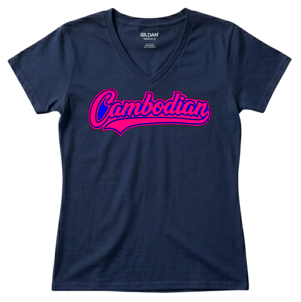 V-Neck Cambodian Pride Tee – Pink & Blue Heritage Script V17